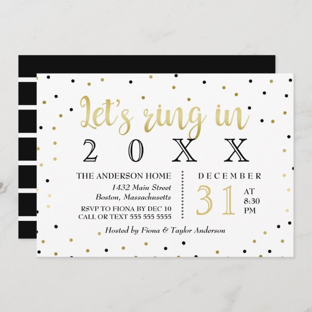 Convite O partido preto & Dourado de ano novo dos confetes (Frente/Verso)