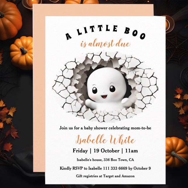 Convite O Pequeno Boo Está Quase A Vencer O Chá de fraldas (Peeking baby ghost Halloween baby Shower Invitation, A little boo is almost due)