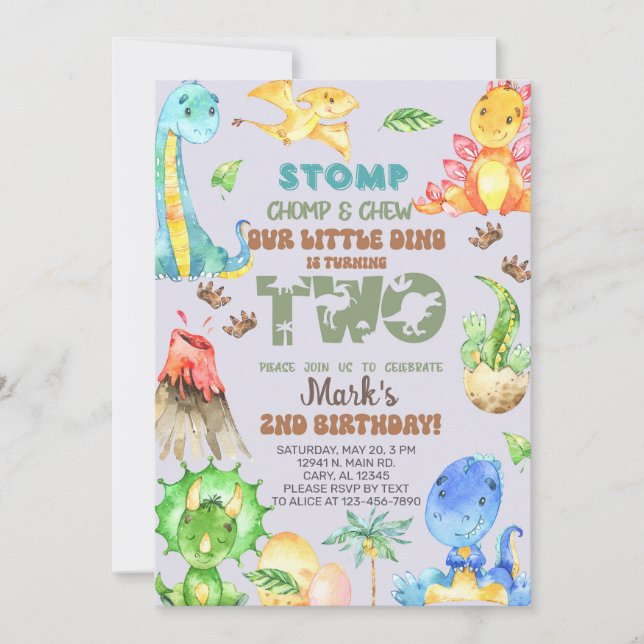 Convite O pequeno dino está fazendo dois segundos aniversá (Frente)