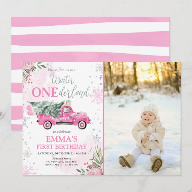 Convite O Primeiro Aniversário da Garota Pink de Onederlan (Frente/Verso)