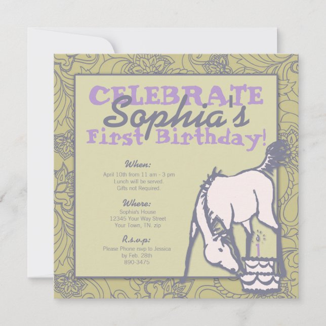 Convite O primeiro aniversário da Lavanda Pony Girl (Frente)