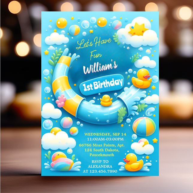 Convite O primeiro aniversario de espuma de Pato de Verão (Criador carregado)