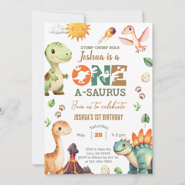 Convite O primeiro aniversario Dinossauros One-A-Saurus co (Frente)