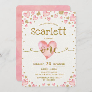 Convite O primeiro aniversario Dourado cor-de-rosa do