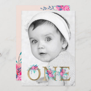 Convite O primeiro aniversario floral da letra do ouro