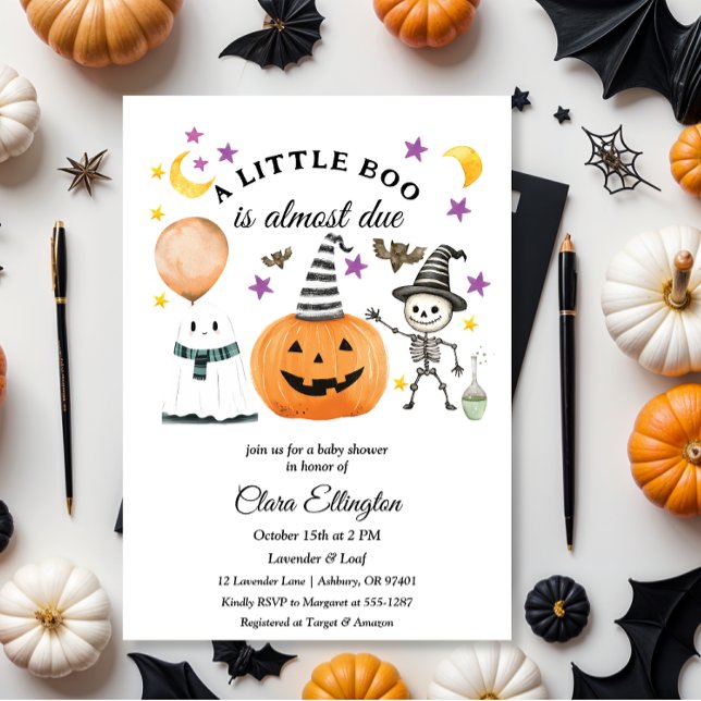Convite O primeiro Chá de fraldas de Halloween de Pumpkin (baby shower invitation, halloween, watercolor, pumpkin, orange, little boo is almost due)