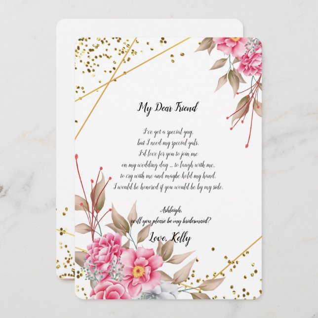Convite O quadro Dourado geométrico Pink Fl será a minha d (Frente/Verso)