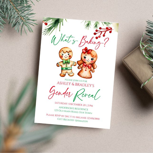 Convite O que é o gênero de pão de gengibre que revela (What's baking gingerbread Christmas gender reveal editable template Invitation digital download)