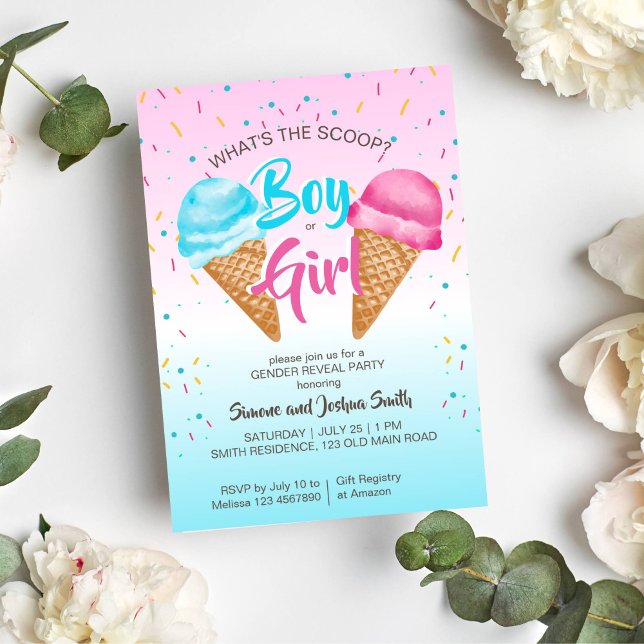 Convite O que é que o gênero do sorvete furtivo revela? (What's the scoop ice cream gender reveal party invitation instant download pink and blue ice cream)