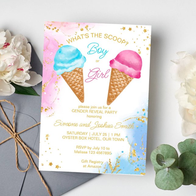 Convite O que é que o gênero do sorvete furtivo revela? (What's the scoop gender reveal invite ice cream gender reveal invitation template instant download)