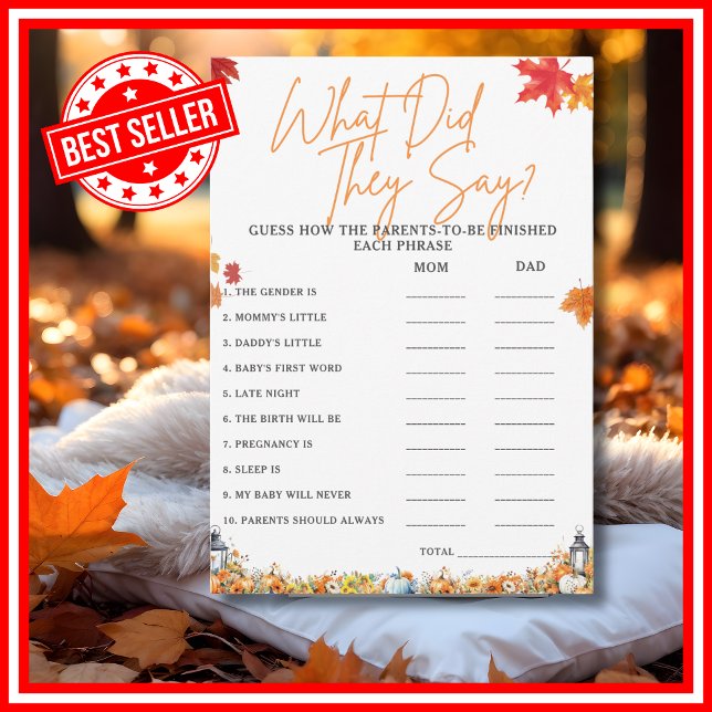 Convite O QUE ELES DIZIAM "Jogo do Chá de fraldas" (WHAT DID THEY SAY Easy Baby Shower Game A Little Pumpkin is on the Way Theme)