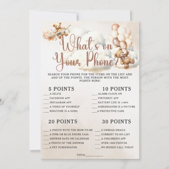 Convite O QUE HÁ EM SEU Chá de fraldas TELEFÔNICO Jogo Urs (Frente)