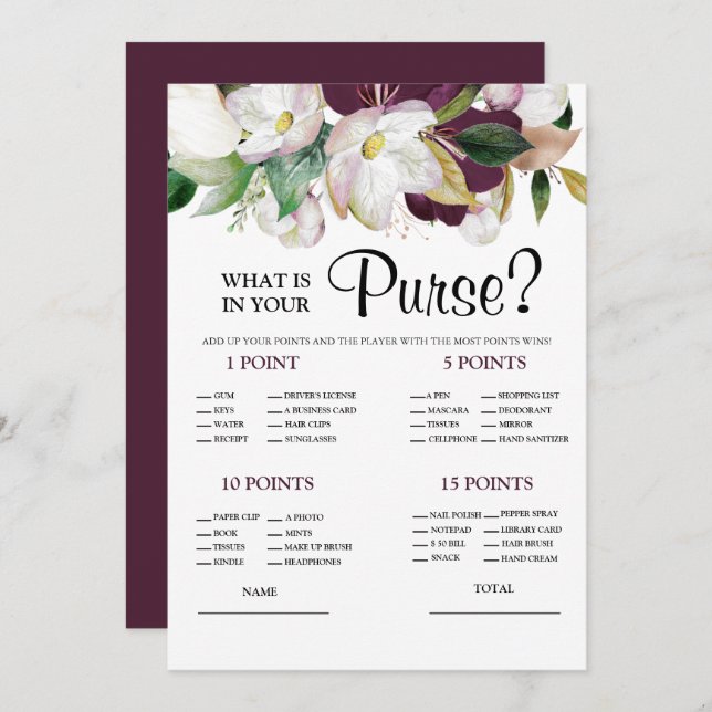 Convite O que há na sua bolsa de Bridal Game (Frente/Verso)