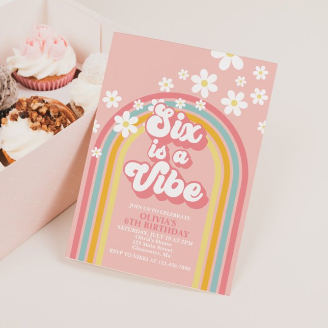 Convite O Rainbow Retro SIX é um 6 Vibe Groovy Aniversário (Criador carregado)