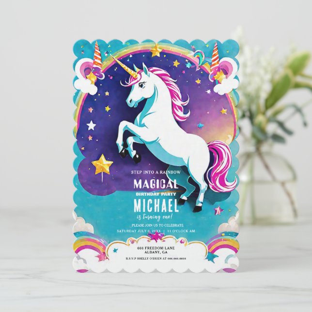 Convite O Rainbow Unicorn Aniversário Convidou - Mágico! (Em pé/Frente)