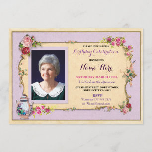 Convite O rosa da foto do bule do jardim do aniversário do