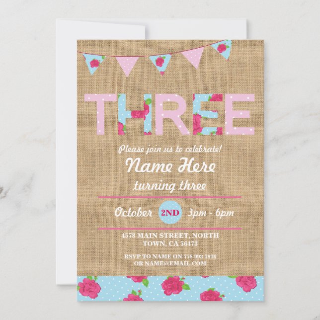 Convite O rosa de serapilheira 3 do tea party três do (Frente)