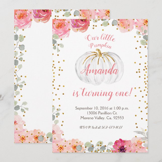 Convite O rosa e o ouro da menina nossa abóbora estão (Frente/Verso)