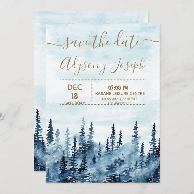 Convite O Save The Date de Aquarela da Floresta Azul (Frente/Verso)