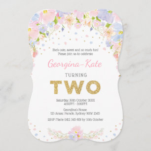 Convite O segundo aniversário floral Pastel convida o ouro