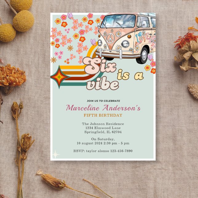Convite O Seis é um Aniversário da 6 Vibe Daisy Van Floral (Criador carregado)