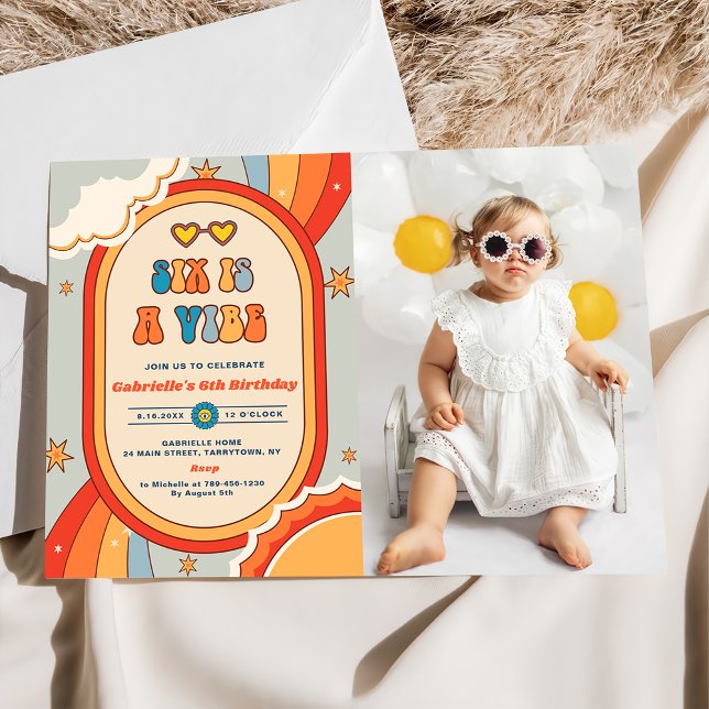 Convite O Seis é um Vibe Groovy Retro Rainbow 6º Aniversár (Criador carregado)