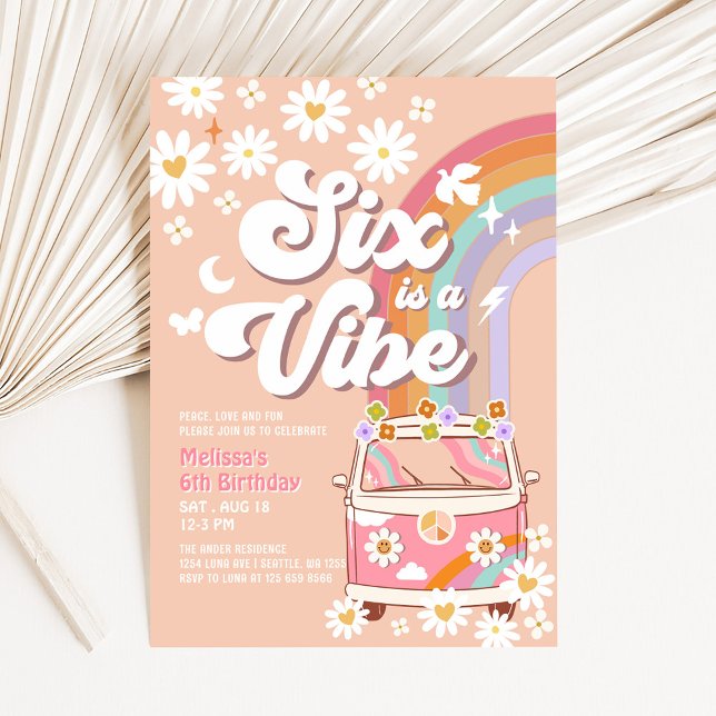 Convite O Seis é um Vibe Pink Daisy Rainbow Van Birthday (Criador carregado)