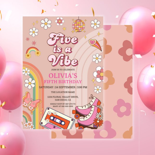 Convite O Skate 5 é um aniversário de vibe Groovy (Retro groovy 90s 5th birthday girl party invitation)