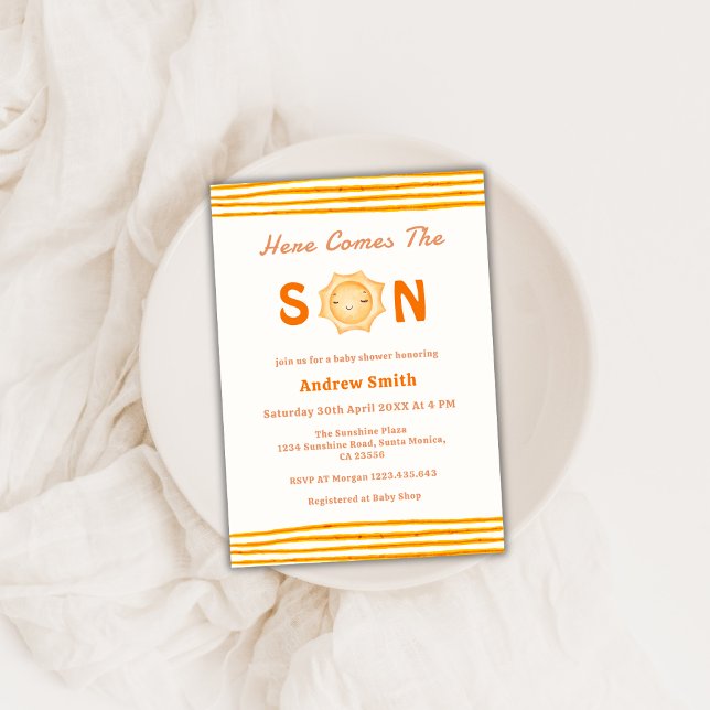 Convite O Sol Bonito Vem Aqui O Chá de fraldas Filho (Cute Sunshine Here Comes The Son Baby Shower Invitation)