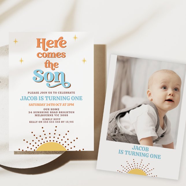 Convite O Sol Retroativo Vem Aqui O primeiro aniversario S (Here comes the sun 1st birthday invitation, Sun birthday party, Sunshine first birthday boy, Retro )