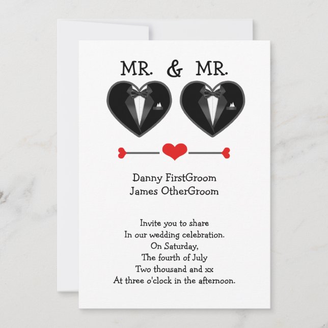Convite O Sr. e o Sr. Love Heart Tuxedo Gay Wedding (Frente)