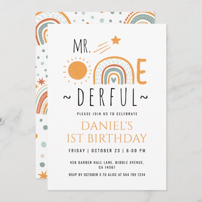 Convite O Sr. Onemagia Boho Rainbow Primeiro Aniversário (Frente/Verso)