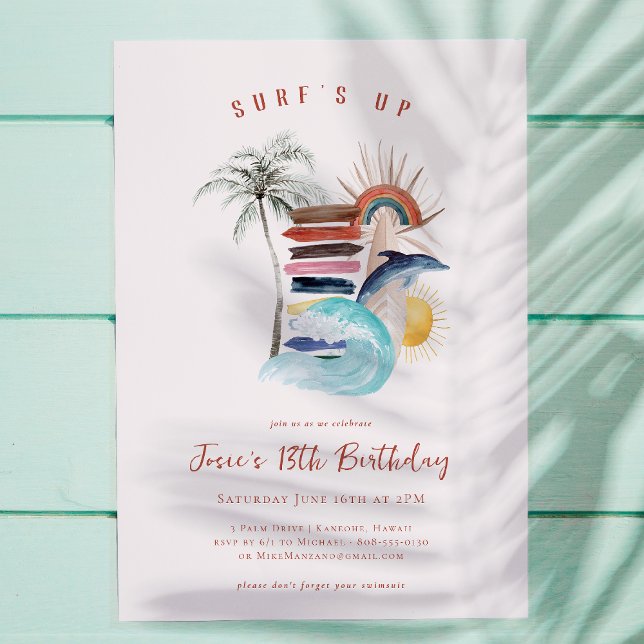 Convite O Surf Está Alto | Aniversário de Verão Retro Surf (Criador carregado)
