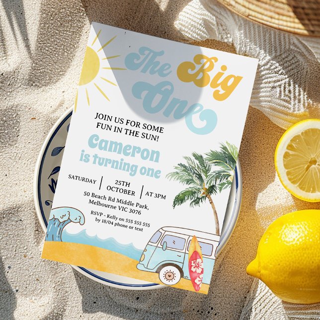 Convite O Surfista Azul De Carrinha Retro É O Grande prime (The Big One Invitation Template, Beach Surf The Big One 1st Birthday Invitation, 
Surf 1st Birthday )