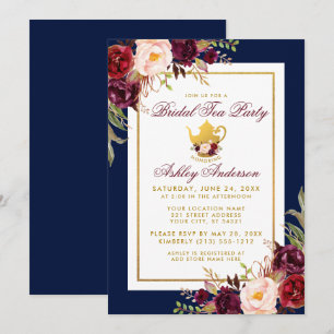 Convite O tea party nupcial Dourado floral azul de