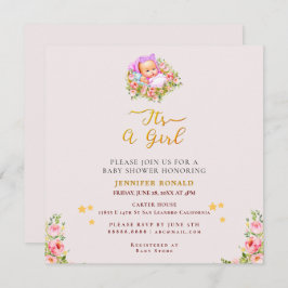 Convite O tema da Flor rosa e Dourada é um chá de fraldas