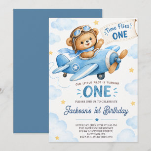Convite O Tempo Voa Urso de Pelúcia Avião Azul Aniversário