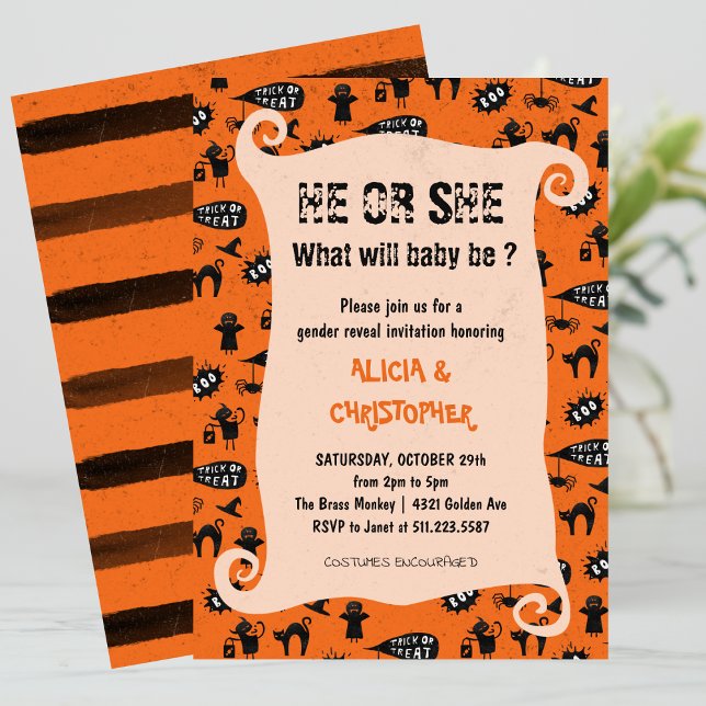 Convite O truque de Spooky e o gênero de Halloween revelam (Halloween-gender-reveal-Invitation-Spooky-trick-and-treat-1)