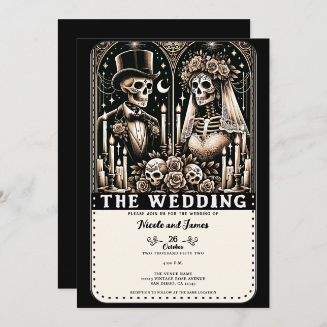 Convite O WEDDING Tarot Skeletons Bride & Groom (Frente/Verso)