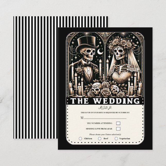 Convite O WEDDING Tarot Skeletons Bride & Groom RSVP (Frente/Verso)