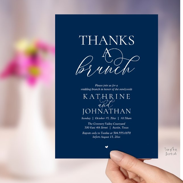 Convite Obrigado A Brunch, Casamento Moderno e Elegante (Thanks A Brunch, Modern Classy Wedding Invitation Card in Navy Blue )