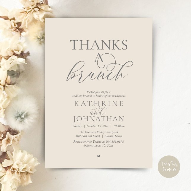 Convite Obrigado A Brunch, Casamento Moderno e Elegante (Thanks A Brunch, Modern Classy Wedding Invitation Card in Cream and Grey)
