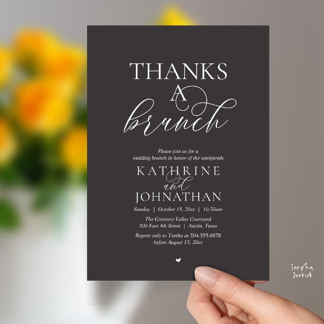 Convite Obrigado A Brunch, Casamento Moderno e Elegante (Thanks A Brunch, Modern Classy Wedding Invitation Card in Charcoal Grey)