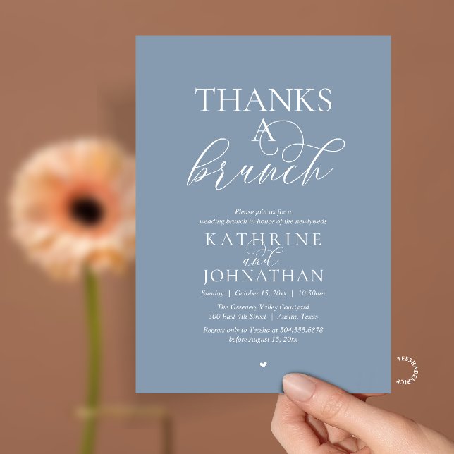 Convite Obrigado A Brunch, Casamento Moderno e Elegante (Thanks A Brunch, Modern Classy Wedding Invitation Card in Dusty Blue)
