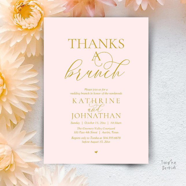 Convite Obrigado A Brunch, Casamento Moderno e Elegante (Thanks A Brunch, Modern Classy Wedding Invitation Card in Yellow Gold and Blush)