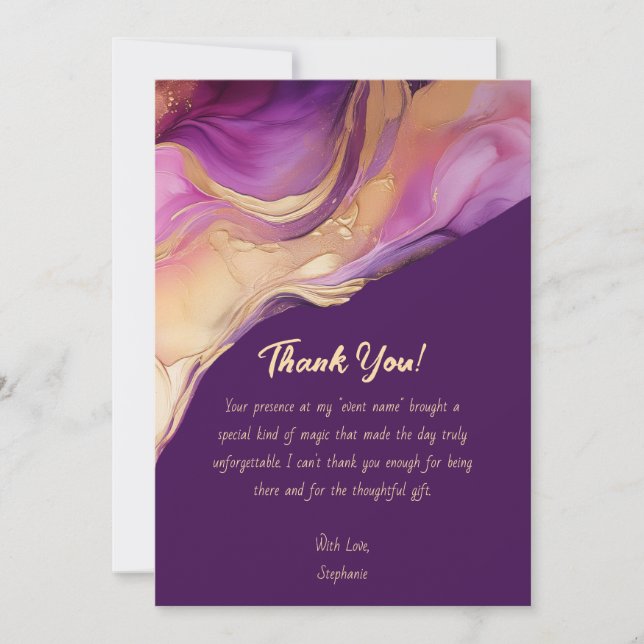 Convite Obrigado-Abstrato Roxo-Rosa e Dourado-Moderno (Frente)