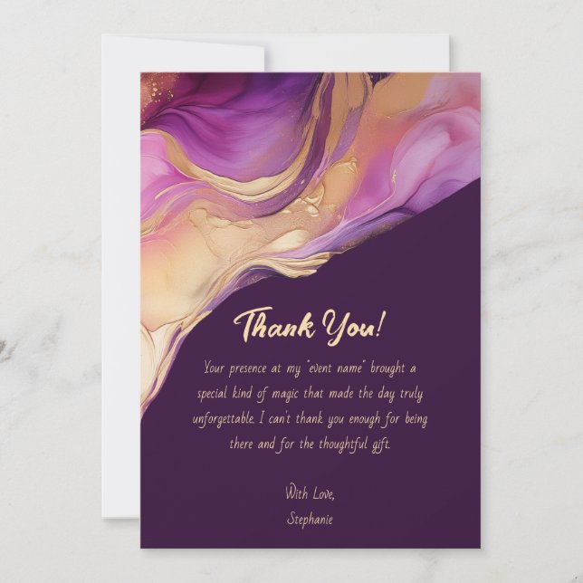 Convite Obrigado-Abstrato Roxo-Rosa e Dourado-Moderno (Frente)