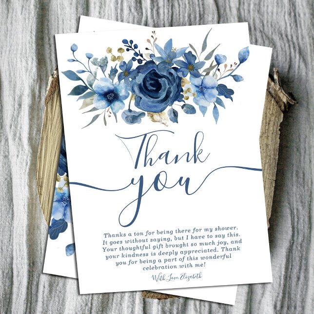 Convite Obrigado azul Elegante chá de panela Floral de inv (Elegant Ice Blue Winter Floral bridal shower thank Card.#navybluefloral #winterthankyoucard #chic)