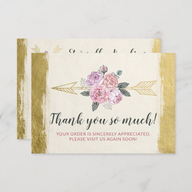 Convite Obrigado Bohemian Floral Arrows Blush Dourado Card (Frente/Verso)