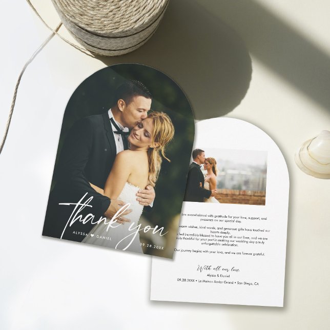 Convite Obrigado Boho Arco Casamento Foto Obrigado (Customizable Modern photos boho arch wedding thank you card.)
